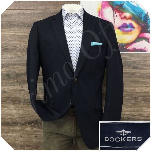 DOCKERS Mens Blazer Sport Coat Casual Jacket Size 44L‎ Relaxed Navy Wool Suit